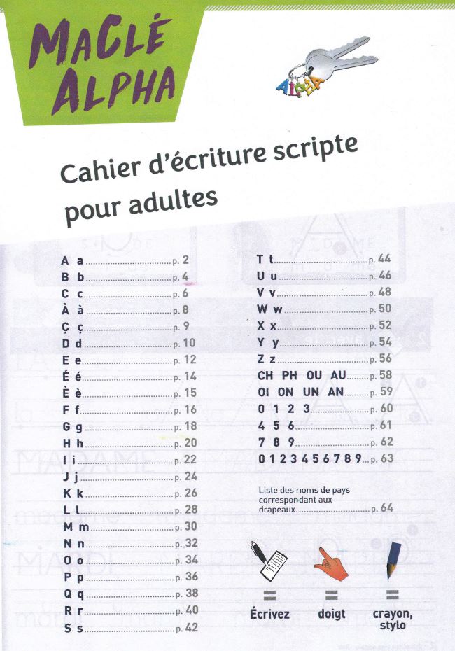 Ma Clé Alpha A1.1 cahier d’écriture scripte pour adultes - Sommaire